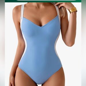 Blue and White One-Piece Swimsuit